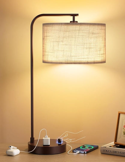 Innqoo Grey Tall Lamp for Bedroom with USB Port and Outlet, Dimmable Nightstand Bedside Lamps with Linen Lampshade, Desk Lamp for Home Office, Living Room, Guest Room, LED Bulb Included