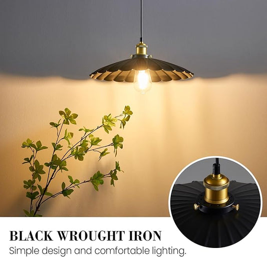 Hanging Light Fixture, Metal Pleated Lampshade Kitchen Island Pendant Lights Black Hanging Light Fixture 15.7 Inch Hanging Pendant Light 6.5Ft Height Adjustable