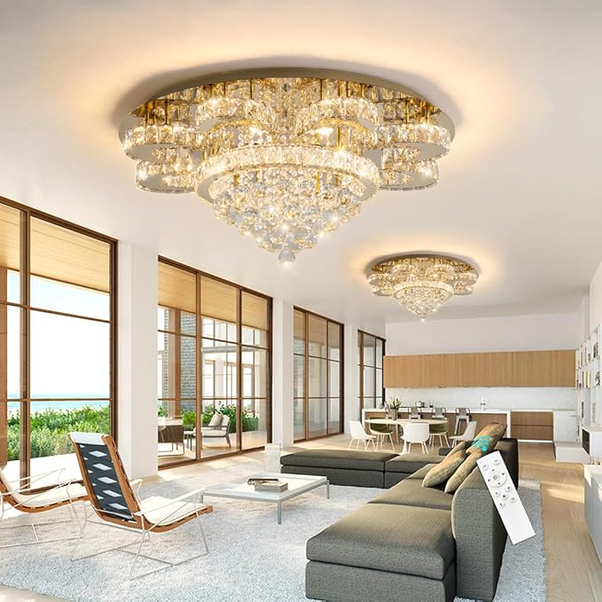 HAIXIANG Modern Chandelier Living Room Glam Chandeliers Ceiling Light Fixture Remote Dimmable Lights 32 Inches Luxury Crystal Gold Light
