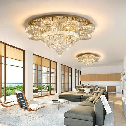 HAIXIANG Modern Chandelier Living Room Glam Chandeliers Ceiling Light Fixture Remote Dimmable Lights 32 Inches Luxury Crystal Gold Light