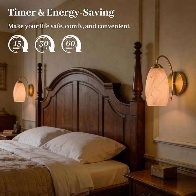 Gold Alabaster Battery Operated Wall Sconces Set of 2, Rechargeable Wireless Brass Wall Lights, Touch & Remote Control, Dimmable 3 Color Temperatures, Vintage Mount Hand-Blown Glass Sconce for Bedroom