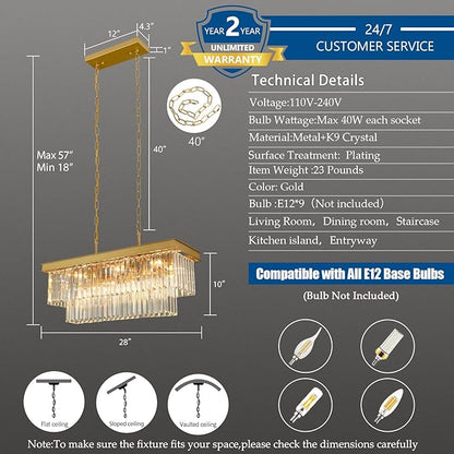 Weesalife Crystal Chandeliers for Dining Room Light Fixtures Over Table，9-Lights Gold Modern Rectangle Chandeliers for Kitchen Island Bar L28 Inch