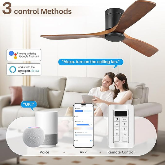 CACI Mall 52 Inch Smart Ceiling Fan without Light, Flush Mount, 3 Blades Solid Wood, Low Profile, Modern, Outdoor/Indoor Ceiling Fans No Light for Bedroom/Farmhouse/Patio