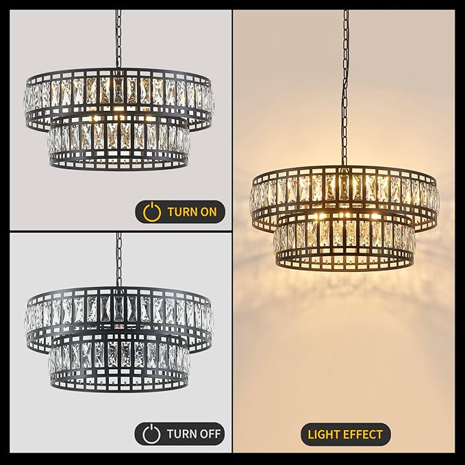 24" Modern Crystal Chandelier 8-Light Drum Large Glass Chandelier 2-Tier Round Black Design Luxury Elegant Lighting Fixture for Dining Room, Foyer, Living Room, Bedroom, Kitchen