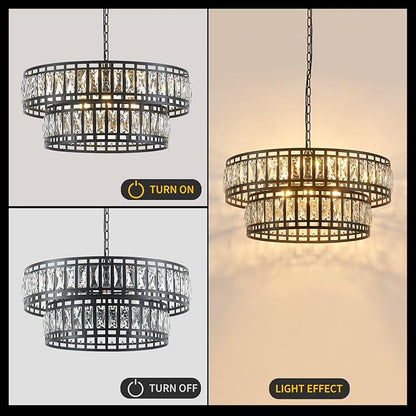 24" Modern Crystal Chandelier 8-Light Drum Large Glass Chandelier 2-Tier Round Black Design Luxury Elegant Lighting Fixture for Dining Room, Foyer, Living Room, Bedroom, Kitchen