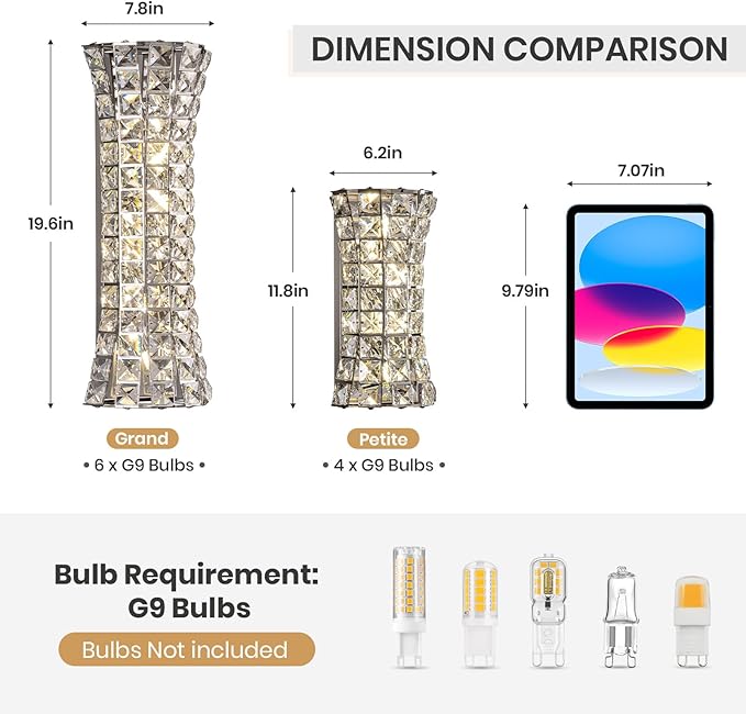 Crystal Wall Light Fixtures,Modern Chrome Wall Lamp with Clear K9 Crystals,Luxury Crystal Wall Sconces for Living Room Bedroom Bathroom Hallway Doorway Stairway,Bedside