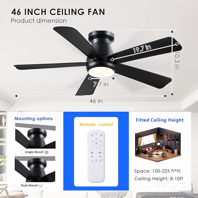 Hounberi 46 Inch Low Profile Ceiling Fan with Light, Modern Flush Mount Ceiling Fans for Low Ceilings, Quiet DC Motor Bedroom Fan, 3CCT Dimmable, Reversible Blades, High Airflow, Energy Saving, Black