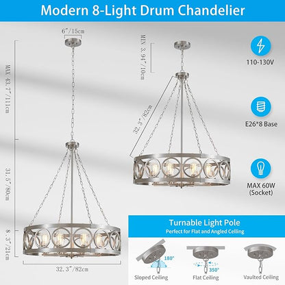 XINGQI 32.3" Large Brushed Nickel Drum Chandelier Modern 8-Light Rustic Farmhouse Round Pendant Lighting Fixture for Dining Room Living Room Office Kitchen Island