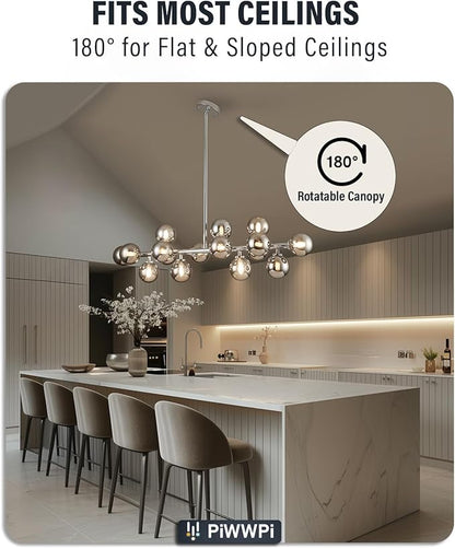 Glass Globe Sputnik Chandelier, 16-Light Mid Century Modern Light Fixture Over Table, Linear Chandeliers for Dining Room, Kitchen Island, Chrome and Smoke Grey Bubble, 40 Inch, GC-02
