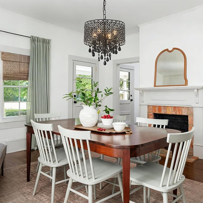 VILUXY Crystal Chandelier for Dining Room Black Smoke Ceiling Pendant Lighting Modern Crystal Hanging Light Fixture Small Drum Chandelier with Chain Mid-Century for Foyer