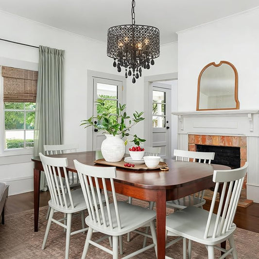 VILUXY Crystal Chandelier for Dining Room Black Smoke Ceiling Pendant Lighting Modern Crystal Hanging Light Fixture Small Drum Chandelier with Chain Mid-Century for Foyer
