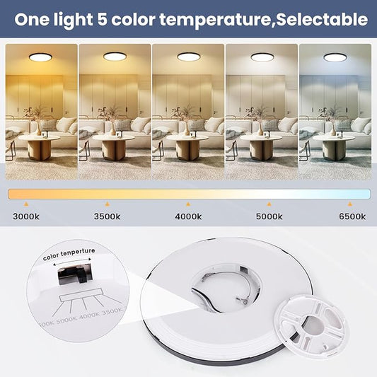 NIORSUN 12 inch Flush Mount LED Ceiling Light Fixture, Dimmable 3000K-6500K Adjustable Black Ceiling Lights, Ultra Thin Round Lamp, 24W Light Fixtures for Bedroom, 2 Pack
