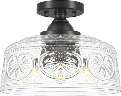 11.4In Vintage Black Semi Flush Mount Ceiling Light Fixture, 3-Light Hallway Light Fixture with Thickened Glass, Close to Ceiling Light for Kitchen, Entryway, Foyer, E12
