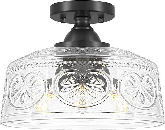 11.4In Vintage Black Semi Flush Mount Ceiling Light Fixture, 3-Light Hallway Light Fixture with Thickened Glass, Close to Ceiling Light for Kitchen, Entryway, Foyer, E12