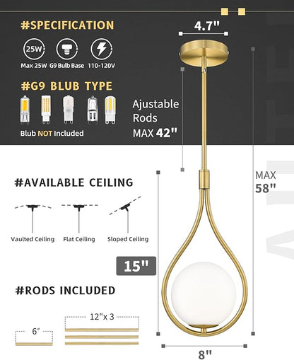 AUTELO 2 Pack Pendant Lights, Pendant Lights Kitchen Island in Brushed Gold Finish with Milky White Globe Glass, Gold Pendant Light Fixtures, Vintage Hanging Lights for Kitchen Island H9377 MGBG-2PK