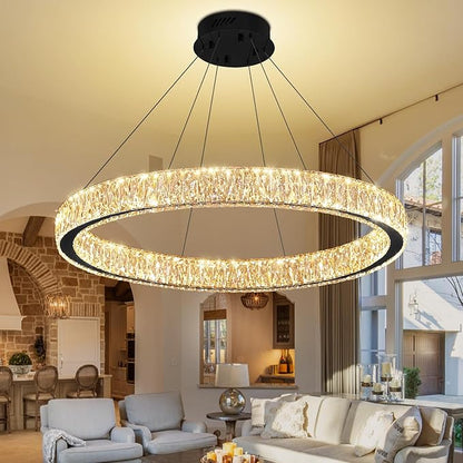 39.4in Large Ring Chandelier for Living Room Modern LED Black Crystal Chandelier for Dining Room Dimmable 2700K-6000K