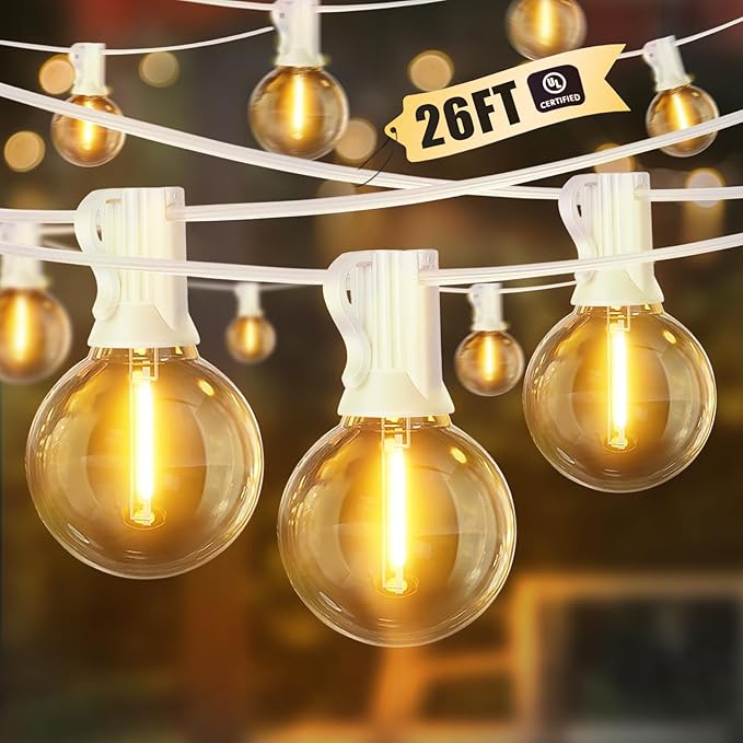 LAMPHOME 26FT Warm White LED Outdoor String Lights, 12+1 Shatterproof G40 Edison Bulbs, UL IP44 Waterproof Connectable Outdoor Hanging Lights for Backyard Porch Garden Deck Balcony Decor