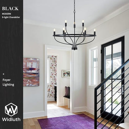 Industrial 30" Black Chandelier Vintage 9-Lights Farmhouse Candle Style Black Chandeliers Light Fixture Retro Modern Black Chandelier for Dining Room, Kitchen Island, Living Room, Bedroom, E12