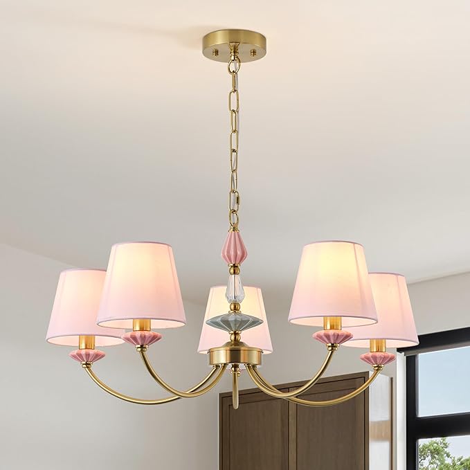 Pink Chandelier for Bedroom Light Fixture, Brushed Gold Art Deco Chandelier with Fabric Shade,Antique Modern Chandeliers paired with Ceramic for Girls Bedroom，Living Room，Dining Room