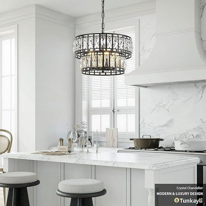 Dining Room Chandeliers K9 Crystal Black Metal Chandelier Modern 2-Tier Drum Farmhouse 16in Contemporary Round Light Fixture for Bedroom Entryway Kitchen Island Living Room