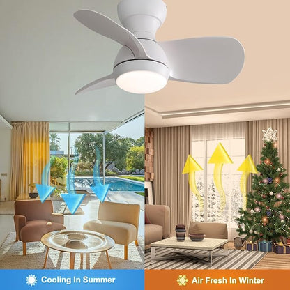 KEIKI 23 Inch Ceiling Fans with Lights & Remote Indoor, Outdoor Modern Ceiling Fan, Small Noiseless Fan w/Dimmable & Timer for Bedroom & Kitchen, 3 ABS Blades & 6 Speed Reversible DC Motor, White