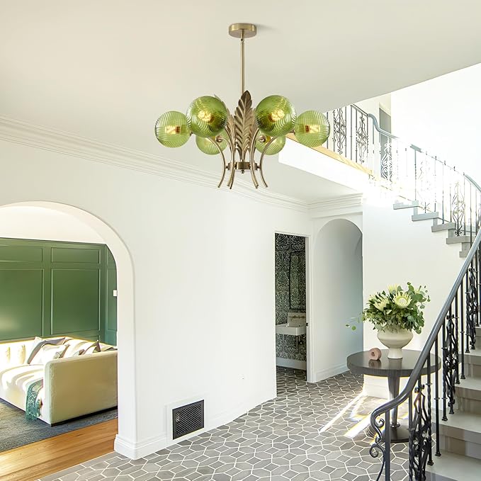 BOKT Brushed Brass Chandelier Gold Leaf 6 Green Glass Globe Hanging Pendant Light Fixture Classic Adjustable Height Medieval Sputnik Chandelier for Home