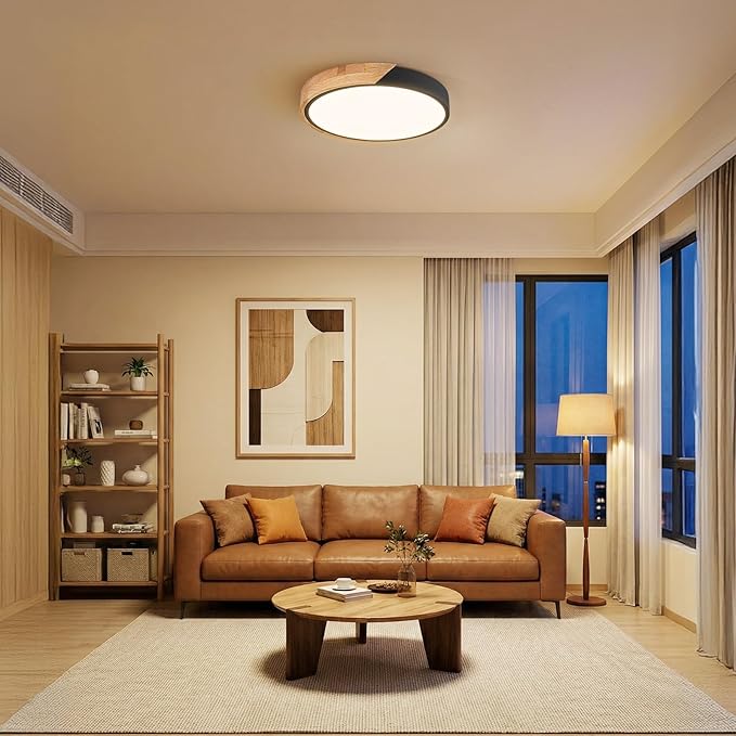 Modern LED Ceiling Light for Bedroom: Wood Flush Mount Light Fixture with Acrylic Lampshade - 3000K Not Dimmable Black Overhead Ceiling Lamps for Kitchen Hallway Living Room (11.8" 2 Pack)