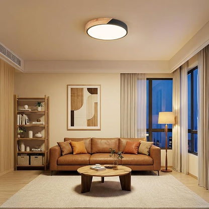 Modern LED Ceiling Light for Bedroom: Wood Flush Mount Light Fixture with Acrylic Lampshade - 3000K Not Dimmable Black Overhead Ceiling Lamps for Kitchen Hallway Living Room (11.8" 2 Pack)