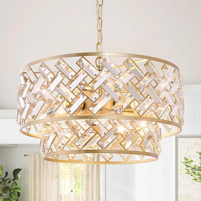 CATINER 20'' Modern Gold Crystal Chandelier Luxury Semi Flush Mount Ceiling Light Fixtures 6-Lights Round Crystal Pendant Chandelier for Dining Room Foyer Living Room Bedroom