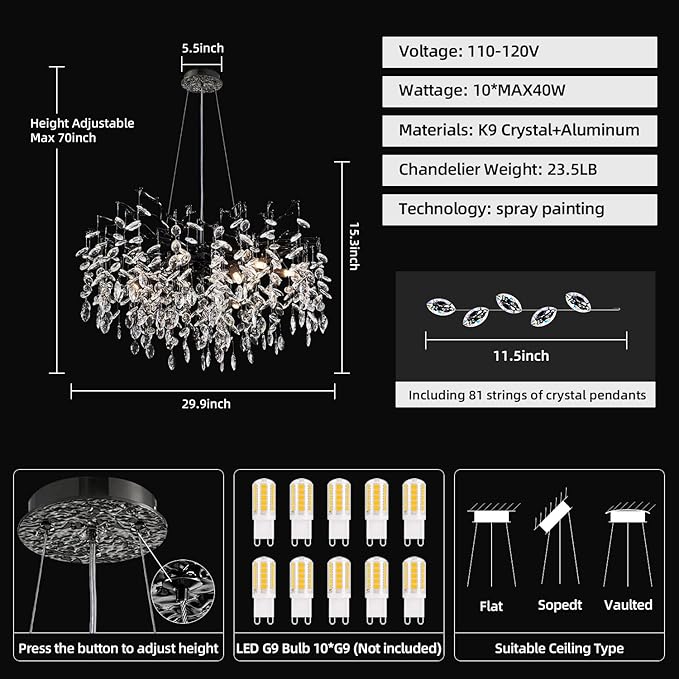 Modern Tree Branch Crystal Chandelier 30" Black Luxury Large Pendant Lighting 10-Light Contemporary K9 Crystal Chandeliers for Dining Room Kitchen Living Room Foyer Entryway (Black, D30"-Round)