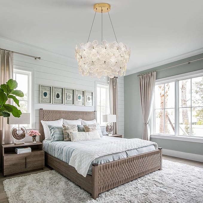 Flower Elegant Crystal LED Chandelier D20’’ Brushed Gold Contemporary for Dining Room Dimmable Flush Mount High Ceiling Chandeliers with Remote Control for Entryway Bedroom(3000K-6500K)