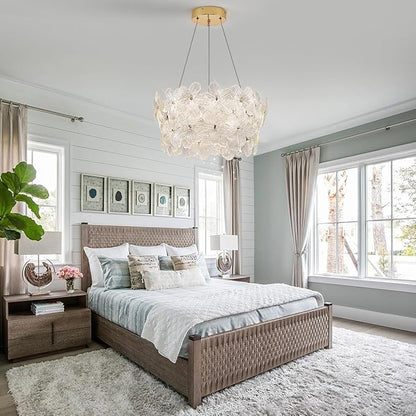 Flower Elegant Crystal LED Chandelier D20’’ Brushed Gold Contemporary for Dining Room Dimmable Flush Mount High Ceiling Chandeliers with Remote Control for Entryway Bedroom(3000K-6500K)