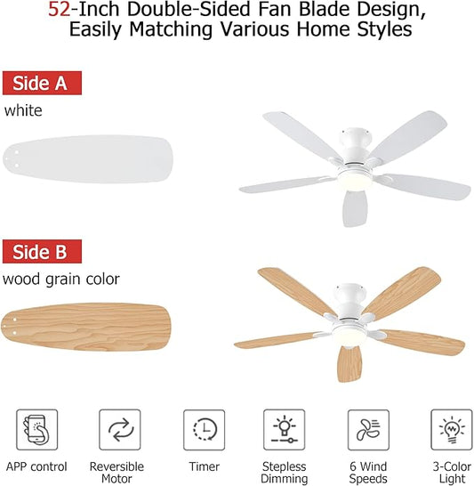 NKPU 52inch Ceiling Fans with Lights, Low Profile White Ceiling Fan with Light and Remote/APP Control, DC Reversible Motor, Noiseless, Flush Mount Ceiling Fan for Bedroom Living Room Patios