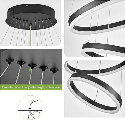 Benkut 5-Rings Modern LED Chandelier Black High Ceiling Chandelier with Remote Control Dimmable Pendant Lighting for Dining Room Foyer Living Room Entryway Staircase(3000K-6500K, D23.6in)