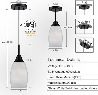 Viinew Mini Glass Pendant Light,4.72" Black White Hanging Lights 3-Pack Handblown White Oval Art Glass Hanging Pendant Light for Kitchen Island,Dining Room,Living,Foyer,Hallway, Entry