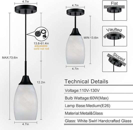 Viinew Mini Glass Pendant Light,4.72" Black White Hanging Lights 3-Pack Handblown White Oval Art Glass Hanging Pendant Light for Kitchen Island,Dining Room,Living,Foyer,Hallway, Entry