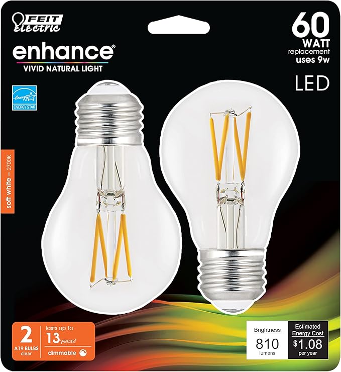 Feit Electric LED A19 Medium Base Light Bulb - 60W Equivalent - 15 Year Life - 810 Lumen - 2700K Soft White - Dimmable | 2-Pack