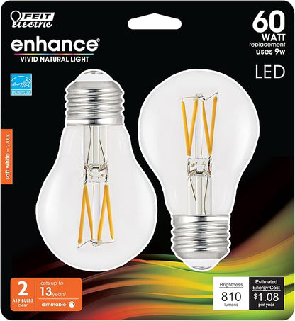 Feit Electric LED A19 Medium Base Light Bulb - 60W Equivalent - 15 Year Life - 810 Lumen - 2700K Soft White - Dimmable | 2-Pack