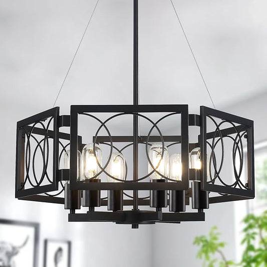 22.83'' Black Farmhouse Chandelier for Dining Room, Large Modern Industrial Geometric Pendant Lighting Fixture Adjustable Hanging Lights for Kitchen Island Foyer Hallway