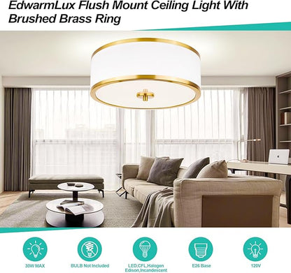 Edwarmlux 3-Light Flush Mount Ceiling Light Fixture, 12.6" Drum Light with White Fabric Shade, Modern Close to Ceiling Light for Living Room Bedroom Dining Room Kitchen Hallway Entry (Brushed Gold)