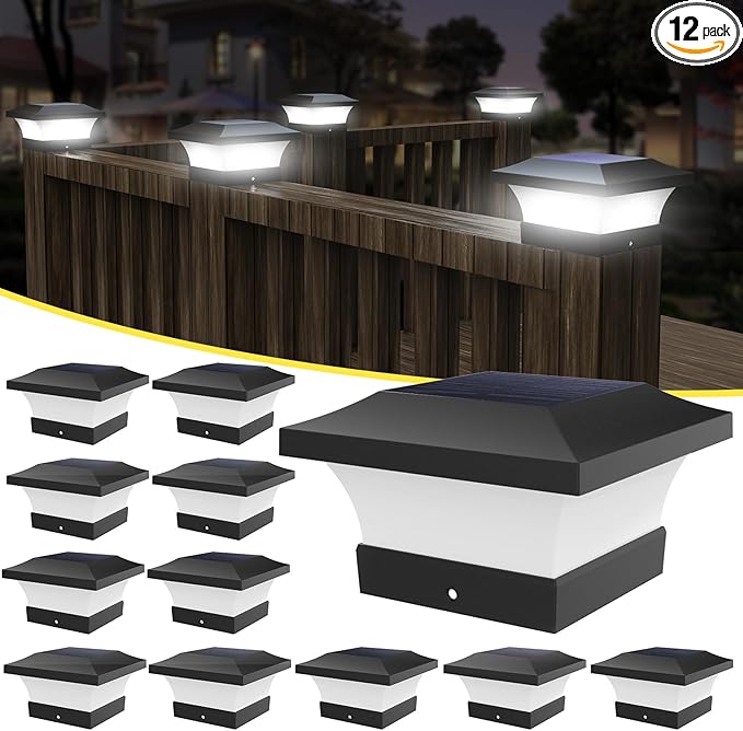T-SUN Solar Post Cap Lights, Outdoor Waterproof LED Lights for 4x4 Wooden Posts, Deck, Fence, Garden, Mailbox – Eco-Friendly, Made from Recycled Materials, Sustainable Solar Fence Post Light (12 Pack)