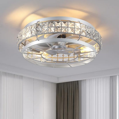 SHIHOT 18" Low Profile Crystal Ceiling Fans with Lights and Remote, Modern Flush Mount Fan, Reversible, 3-Speed, Quiet, Caged Ceiling Fan for Bedroom(Bulbs not included)