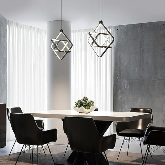 Modern LED Pendant Lights Plated Black Rectangular Pendant Light Fixtures 4000K 35W Dimmable Pendant Lighting for Dining Room Kitchen Island Bedroom Living Room Foyer（3-Ring）