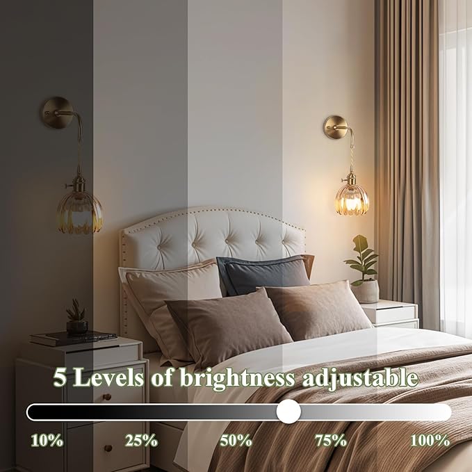 Vintage Battery Operated Wall Sconces Sets Of Two,Indoor not Hardwired Amber Tulip Glass Lampshade Fixtures,Rechargeable Wireless RGB Wall Lights with Dimmable Remote Control,for Bedroom Living Room