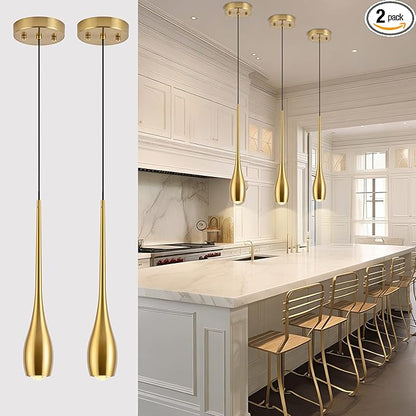 Gold Pendant Light, Modern Pendant Lights Kitchen Island, LED Hanging Light Fixtures for Dining Room Hallway Bedroom 2 Pack 3000K