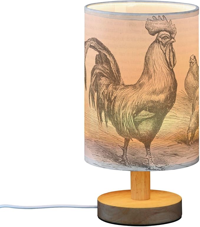 Table Lamp Retro Vintage Rooster Chicken Nightstand Lamp with Wood Base Fabric Lamp Shade Bedside Desk Lamp for Living Room Bedroom Kids Room Office