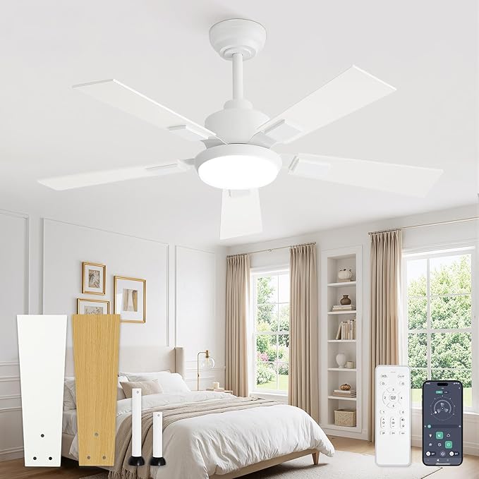 42 Inch Ceiling Fans with Lights and Remote&APP Control, White Smart Ceiling Fan with 3000-6000K Dimmable, 6 Speeds Quiet Reversible Motor, Indoor/Outdoor Ceiling Fan for Bedroom Living Room