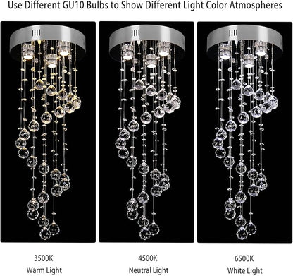 FRIXCHUR Spiral Flush Mount Chandelier Modern Raindrop Crystal Pendant Light for High Ceilings K9 Crystal Ball Chandeliers for Dining Room Bedroom Stair D11.8 H35.4