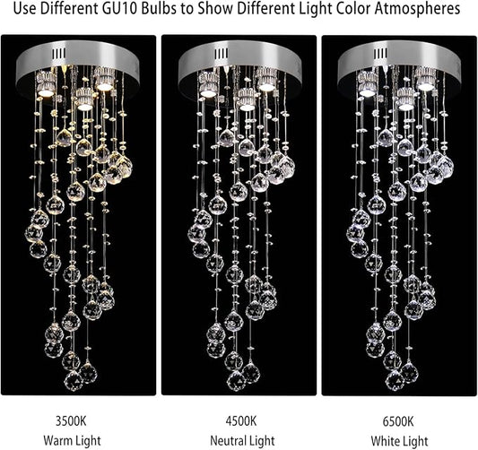 FRIXCHUR Spiral Flush Mount Chandelier Modern Raindrop Crystal Pendant Light for High Ceilings K9 Crystal Ball Chandeliers for Dining Room Bedroom Stair D11.8 H35.4