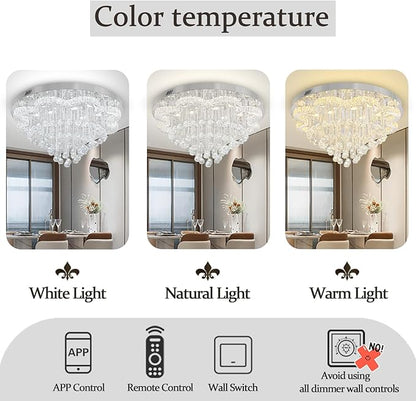 W32inches Modern Crystal Chandeliers for Living Room LED Crystal Ceiling Light Fixtures Flush Mount Chandelier Ceiling Chandelier for Bedroom Foyer Hallway Dining Room